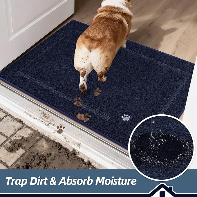 BEQHAUSE Dog Door Mat for Muddy Paws 36"x60" Dirt Trapper Absorbent Doormat Non Slip Entryway Rugs Washable Stain Resistant Welcome Floor Mat Soft Low-Profile for Front Back Door, Navy Blue