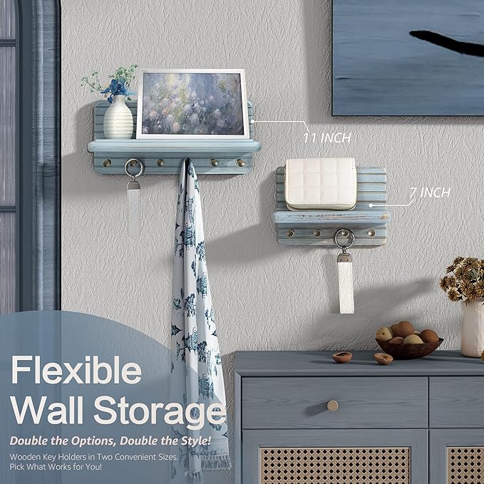 Rebee Vision Pine Wood Key Holder Wall Mount – Decorative 7-inch Key Holder for Wall with Wooden Shelf & Sturdy Hooks – Home Accessories for Mail Organizer (Blue)