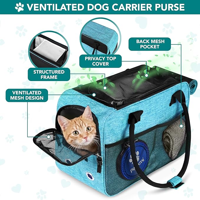 PetAmi Dog Purse Carrier for Small Dogs, Airline Approved Soft Sided Pet Carrier with Pockets, Ventilated Dog Carrying Bag for Puppy Cat, Dog Travel Supplies Bag, Sherpa Bed, Max 12 lbs, Teal Blue