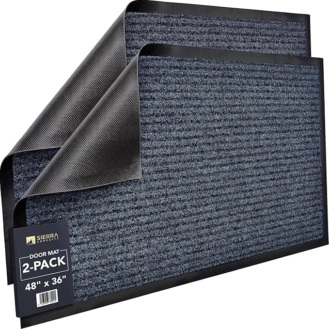Sierra Concepts Front Door Mat X-Large Welcome Floor Mats - Entryway Indoor Outdoor Entrance Doormat, Patio, Porch, Muddy Dog Shoe, Inside Outside Low Profile 48x36in, 2-Pack Steel Gray