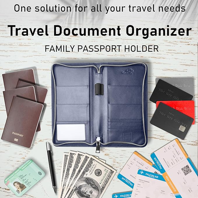 Family 4 Passport Holder - Travel Wallet RFID Blocking, Document Organizer, Essentials Plane Accessory Cover for Women Men (Blue)