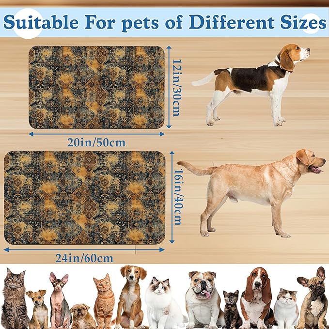 Grunge Boho Pet Feeding Mat for Floors–Absorbent Quick Dry Dog Cat Bowl Mat for Food and Water, Non Slip Waterproof Base, Mess-Free Feeding Accessories 16"x24"