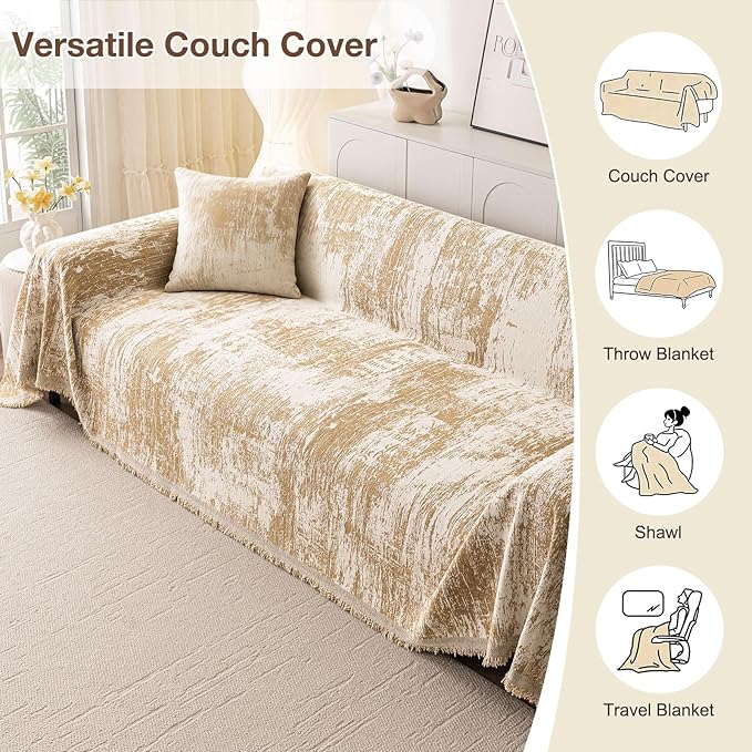 hyha Couch Cover for Dogs, Boho Sofa Covers for 3 Cushion Couch Washable, Chenille Sofa Slipcover for Pets, Soft Loveseat Sectional Couch Throw Blankets with Tassels (Khaki/White, 88.5x118 Inch)