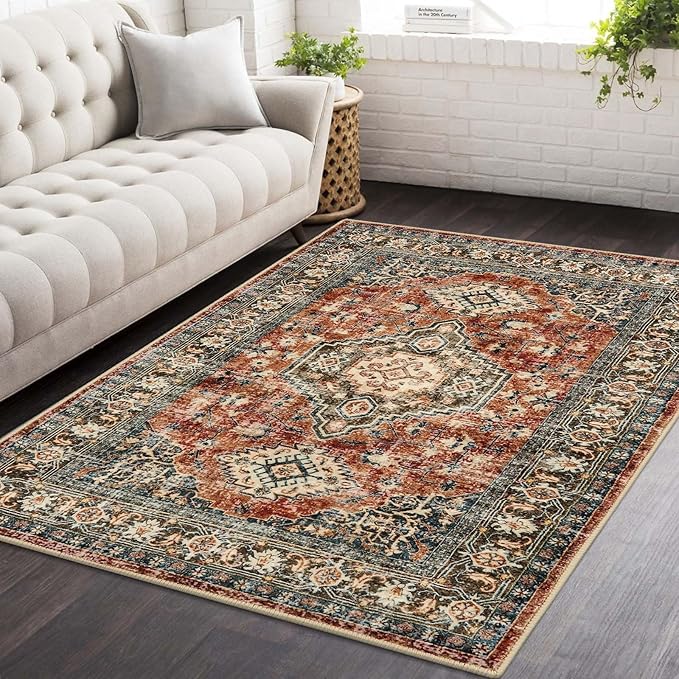 Lahome Oriental Area Rug, 3x5 Washable Rugs for Living Room Non Slip Entry Mat, Vintage Soft Pet Friendly Throw Carpet for Entryway Bedroom Dinning Room Eleanor, Brick Red