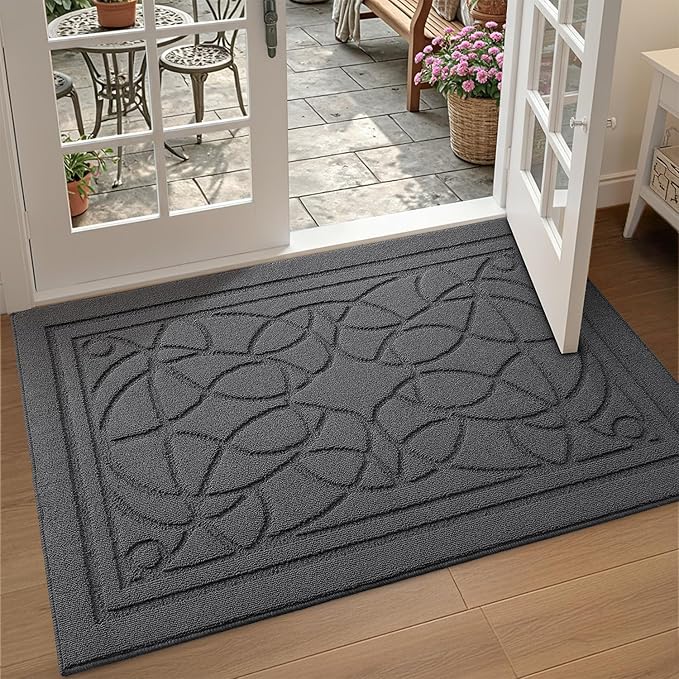 DEXI Front Entryway Door Mat Non Slip 32x48, Washable Inside Entry Way Mats Low Profile Entrance, Welcome Dirt Trapper Doormat Thin for House Floor Home Porter Hall Backdoor Area, Dark Grey