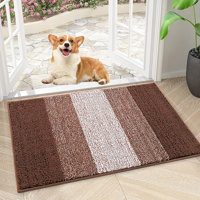 Smiry Dog Door Mat for Muddy Paws, Absorbs Moisture and Dirt, Low-Profile Entryway Mat with Non-Slip Backing, Entry Indoor Outdoor Doormat for Inside Floor (30x17 Inches, Brown, Striped)