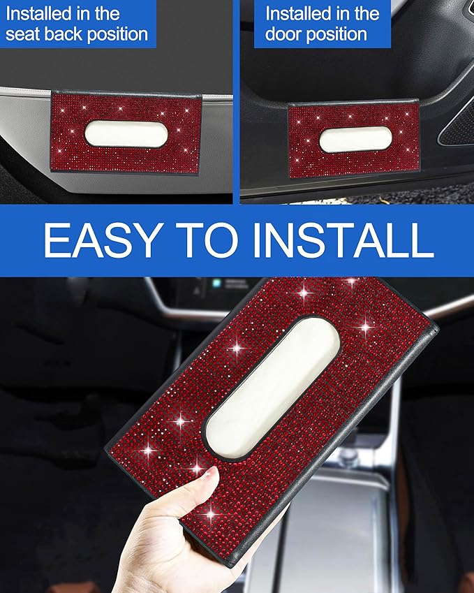 Bling Car Sun Visor Tissue Box Holder,PU Leather with Bling Crystal Rhinestones Tissue Holder,Car Accessories for Women (Red)