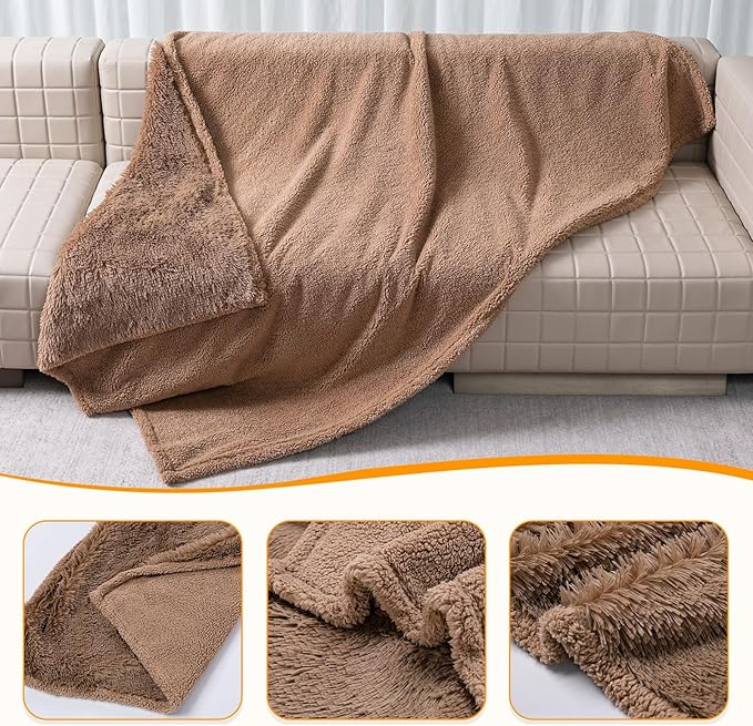 Wowchine Brown Long Faux Fur Pet Throw Blankets Waterproof Dogs Calming Blanket Cat Puppy Couch Cover Love Bed Covers Washable (Brown,S)