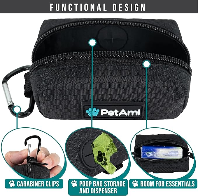 PetAmi Dog Poop Bag Holder for Leash, Dog Treat Pouch Leash, Pet Waste Bag Dispenser with Clip, Doggy Puppy Walking Accessories Supplies with 1 Dog Bag Roll (Black, 1 Pack)