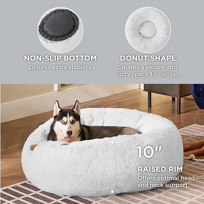 Bedsure Calming Dog Bed for Large Dogs - Donut Washable Large Pet Bed, 36 inches Anti-Slip Round Fluffy Plush Faux Fur Dog Bed, Fits up to 80 lbs Pets, Frost Grey