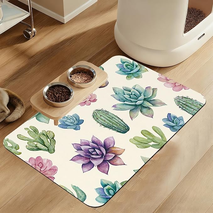 Cactus Flower Pet Feeding Mat for Floors–Absorbent Quick Dry Dog Cat Bowl Mat for Food and Water, Non Slip Waterproof Base, Mess-Free Feeding Accessories 16"x24"