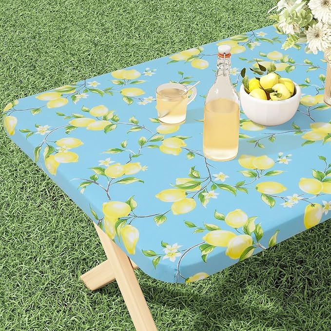 misaya Rectangle Vinyl Tablecloth, Fitted Table Cover, 100% Waterproof, Elastic Edge, Flannel Backing, Plastic Table Cloth Fit Folding Tables for Picnic, Camping, Outdoor (Lemon, 36x96 inch)