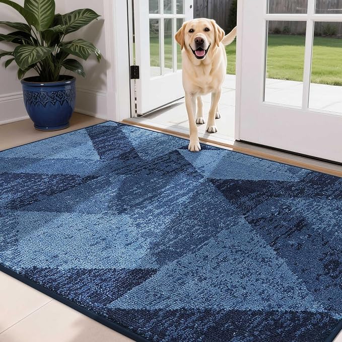 COSY HOMEER Entryway Rugs Doormat 36"x60", Non-Slip Absorbent Polyester, Washable Rugs for Front Door, Dirty Paws & High Traffic Areas, Blue