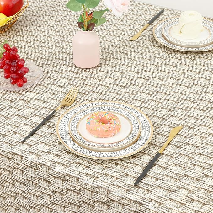 misaya Rectangle Waterproof Vinyl Table Cloth, Wipeable Tablecloth with Flannel Backing, Plastic Table Cover for Dinner, Picnic, Indoor and Outdoor (Weave, 60" x 102")