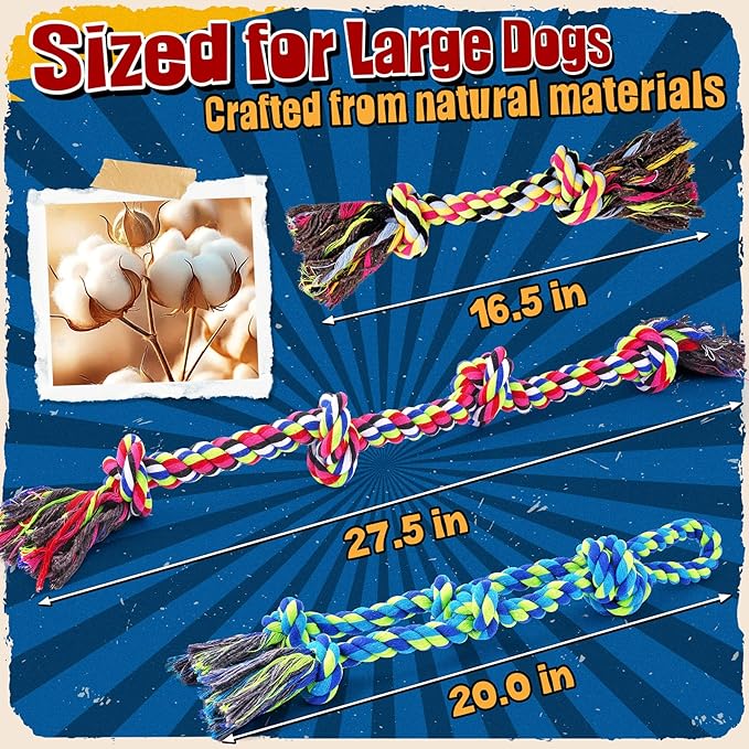Heavy Duty Dog Toy for Aggressive Chewers – Tough Chew Toys for Large Dogs, Ideal for Tug-of-War & Teeth Cleaning, with 3 Rope Toys & 2 Dog Bags