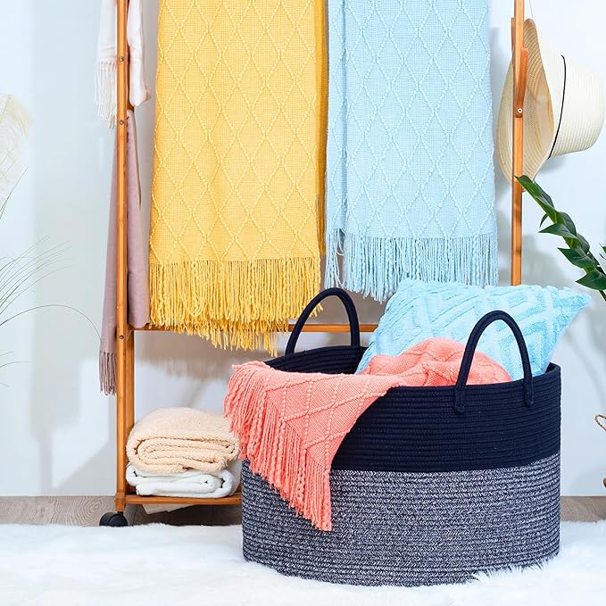 MINTWOOD Design Extra Large 22 x 14in Decorative Woven Cotton Rope Blanket Storage Basket Bin Living Room with Long Handles, Laundry Hamper for Pillows, Pool Towels, Dog Toys, Shoes, Navy Blue