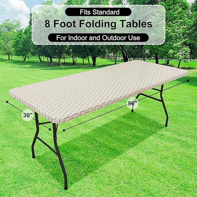 misaya Rectangle Vinyl Tablecloth, Fitted Table Cover, 100% Waterproof, Elastic Edge, Flannel Backing, Table Cloth Fit 8 Foot Folding Tables for Picnic, Camping, Outdoor (Weave, 30x96 inch)