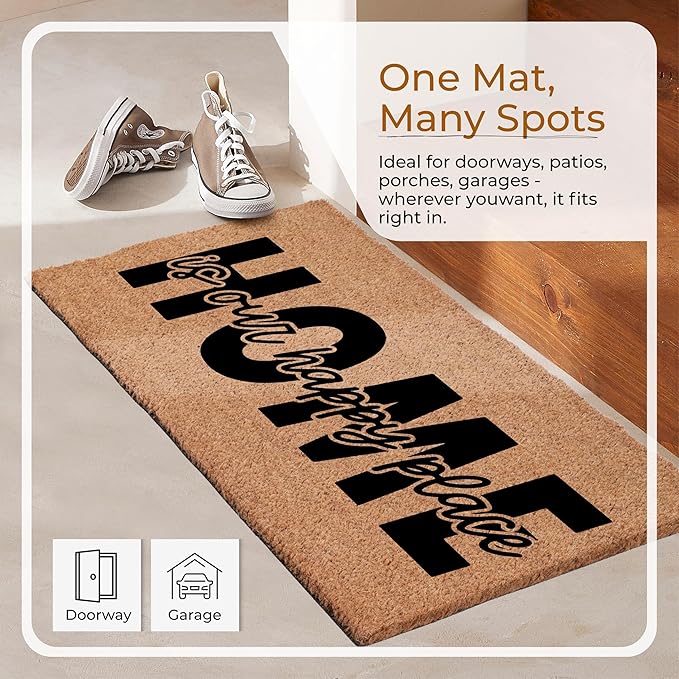 COCONIQ Coir Door Mats 17" X 30", Non-Slip Sturdy, PVC Backed Heavy Duty, Easy to Clean, Ideal for Door Entrance, Patio, Porch, Backyard, Garages, Home is Our Happy Place