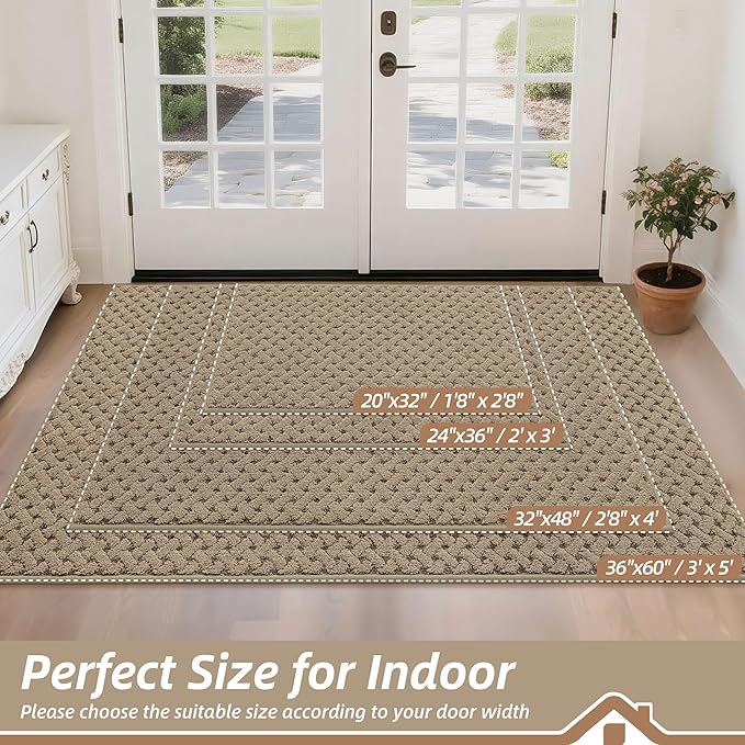 BEQHAUSE Dirt Trapper Door Mat Non-Slip Entryway Rugs Stain Resistant Absorbent Dog Doormats Woven-Look Washable Welcome Floor Doormat for Front Back Door, Muddy Wet Shoes & Paws, 36" x 60", Beige