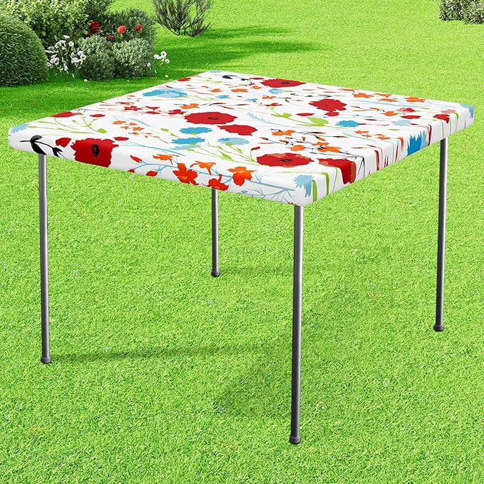 misaya Square Vinyl Tablecloth, Fitted Table Cover, 100% Waterproof, Elastic Edge, Flannel Backing, Plastic Tablecloth Fit Folding Tables for Picnic, Camping, Outdoor (Flowers, 32x32 inch)