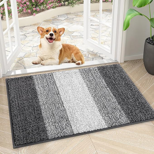 Smiry Dog Door Mat for Muddy Paws, Absorbs Moisture and Dirt, Low-Profile Entryway Mat with Non-Slip Backing, Entry Indoor Outdoor Doormat for Inside Floor (24x16 Inches, Grey, Striped)