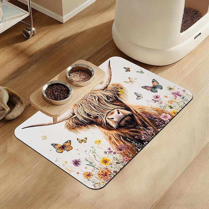 Highland Cow Butterfly Dog Food Mat–Christmas Stocking Absorbent Quick Dry Feeding Placemat for Food and Water Bowls, Non Slip Rubber Backing, Waterproof Pet Supplies for Mess-Free Eating 12"x20"