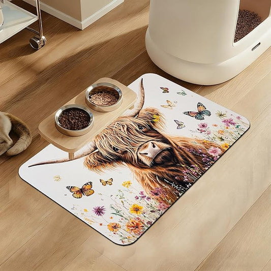 Highland Cow Butterfly Dog Food Mat–Christmas Stocking Absorbent Quick Dry Feeding Placemat for Food and Water Bowls, Non Slip Rubber Backing, Waterproof Pet Supplies for Mess-Free Eating 12"x20"