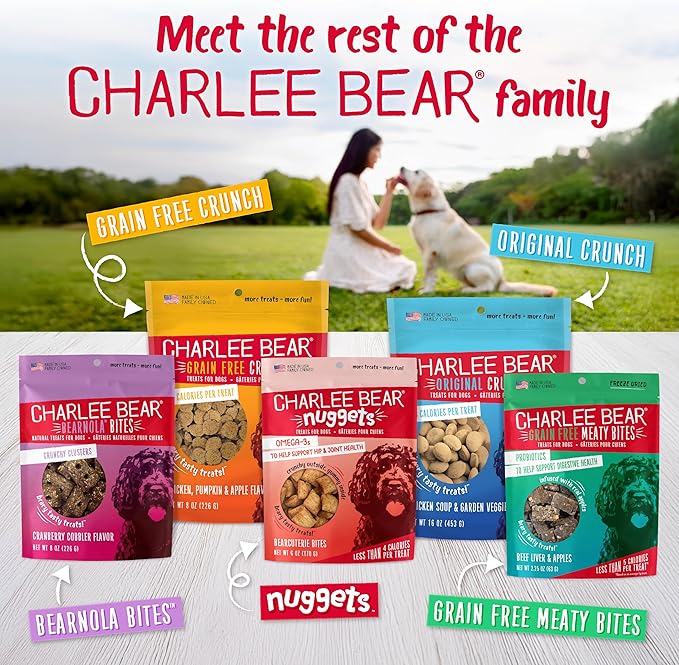 Charlee Bear Crunch Grain Free Dog Treats, Bacon and Blueberry, 8 Ounce Resealable Bag, Low Calorie Training Treats for Dogs, Limited Ingredient, Healthy, Crunchy Dog Snacks, Made in USA