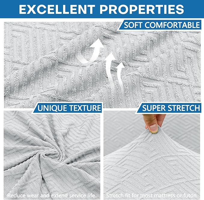 ZNSAYOTX Stretch Fit Futon Cover (67"-82") Armless Futon Sofa Bed Slipcover with Elastic Band, Universal Foldable Sofa Mattress Protector Full Queen Size, Washable Comfort Jacquard (Silver Grey)