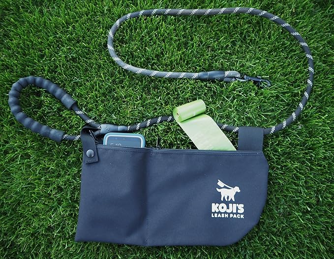 Koji's Leash Pack with Buttons | Hands-Free Dog Waste Carrier & Organizer | Anti-Swing Hammock Pouch for Used Poop Bags, Phone, & Keys | Secure Attachment for Running, Hiking & Walking (Made in USA)