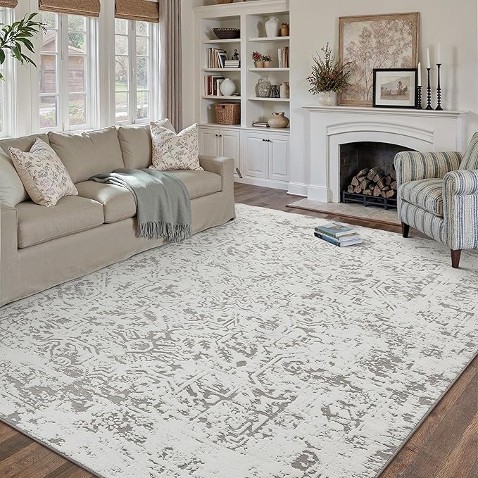 6x9 Fluffy Area Rug Grey Shag Neutral Carpet for Living Room Soft Medium Pile Floral Rug for Bedroom Dorm Office Dining Room Kitchen Nursery Modern Decor