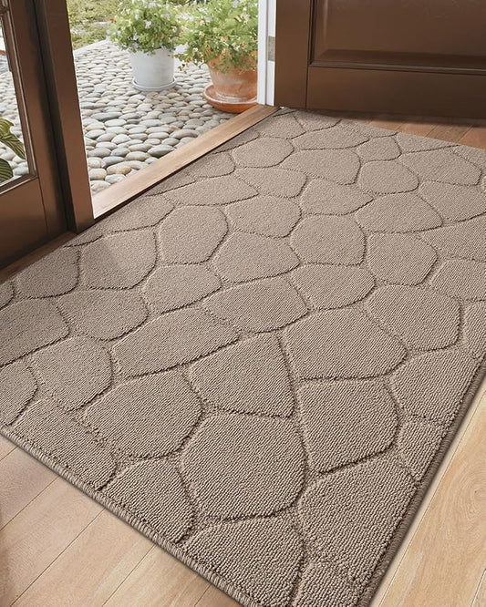 DEXI Front Door Entryway Mat Non Slip, 3x5 ft Washable Inside Entrance for House Floor Low Profile, Thin Entry Doormat Absorbent Dirt Trapper, Pebble Beige