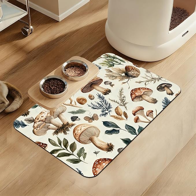 Vintage Mushroom Floral Dog Cat Food Mat–Absorbent Waterproof Placemat for Food and Water Bowls, Non Slip Rubber Backing, Feeding Mat for Clean Floors 12"x20"