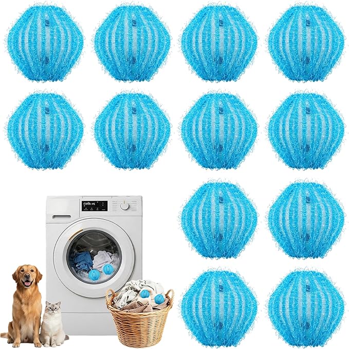 12 Pack Pet Hair Remover for Laundry, Reusable Dog & Cat Hair Catcher, Washer & Dryer Safe Laundry Balls, Anti-Tangle Design, Helps Remove Lint & Fur from Clothes, Bedding & Blankets (Blue)