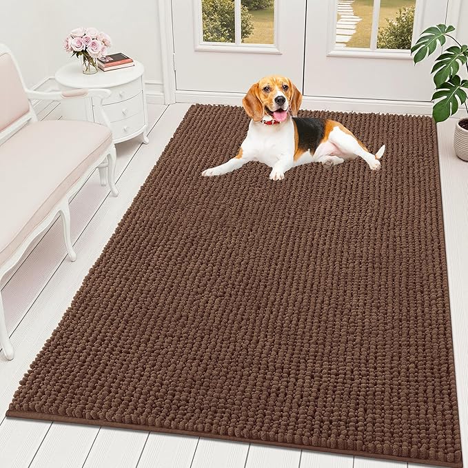 OLANLY Dog Door Mat for Muddy Paws 59x35, Ultra Absorbent Chenille Mud Doormat, Non-Slip Washable and Dirt Trapping Doormat for Indoor Entryway, Quick-Dry Indoor Pet Bed Mats for Dogs, Mocha