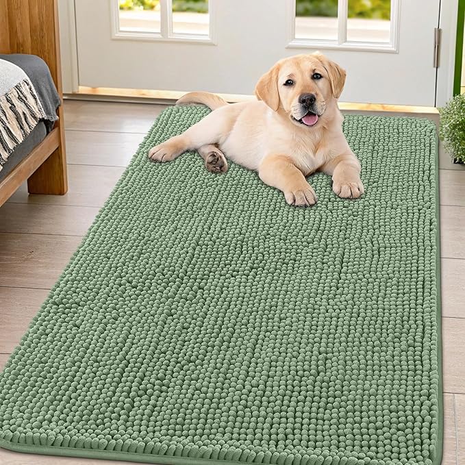 Smiry Dog Door Mat for Muddy Paws 47x32, Absorbs Moisture and Dirt Doormat, Non-Slip Washable Quick Dry Chenille Front Door Mat Indoor Entrance, Entryway Carpet for Inside Floor, Olive Green