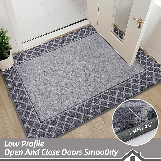 BEQHAUSE Door Mat Dirt Trapper Non Slip Entryway Rugs Absorbent Welcome Mat Low Profile Washable Front Door Mat for Muddy Paws,Entrance,Hallway, 20" x 32", Grey