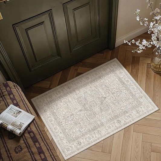 2x3 Washable Vintage Area Rug Beige Oriental Soft Entryway Throw Rug Neutral Non Slip Low Pile Small Carpet for Kitchen Bathroom Living Room Bedroom