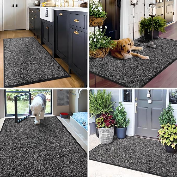 Mibao Front Door Mat, Dirt Trapper Welcome Mat for Outdoor Indoor, Non-Slip Waterproof Doormat, Durable Machine Washable Low Profile Entry Rug for Back Door Outside Patio Porch, 36" x 24", Grey