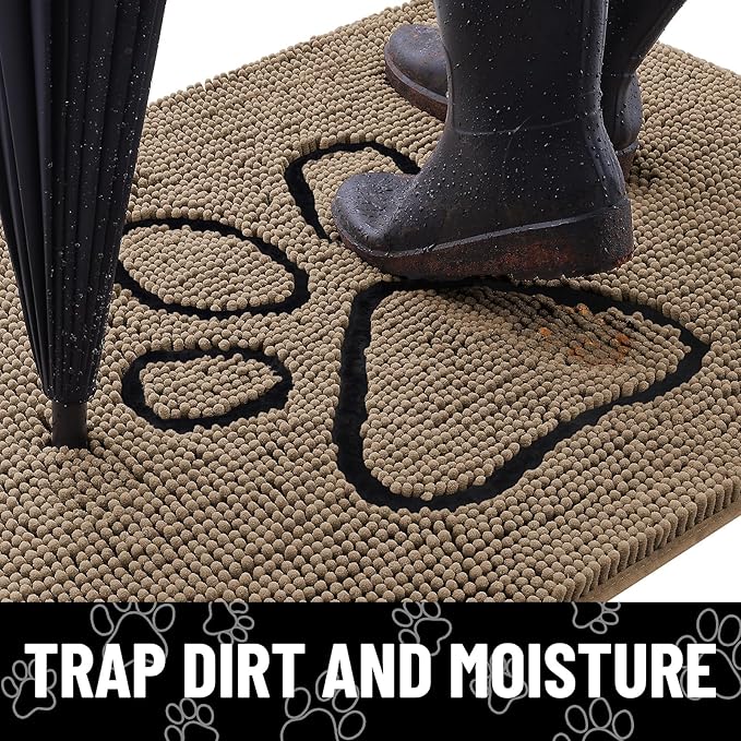 Smiry Dog Door Mat for Muddy Paws, Absorbent Dirt Trapper Non Slip Quick Dry Washable Chenille Mat for Mud Dogs, Entry Rug for Indoor and Outdoor (44x24 Inches, Camel and Black)