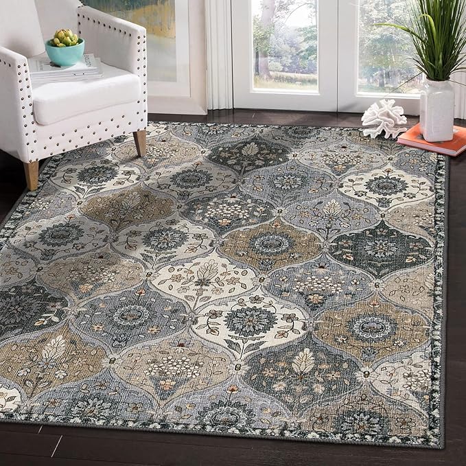 Lahome Moroccan Machine Washable Area Rugs, 4x6 Rug for Living Room Bedroom, Soft Non-Slip Rug Vintage Trellis Ultra-Thin Throw Carpet for Dining Room Office Elise, Grey