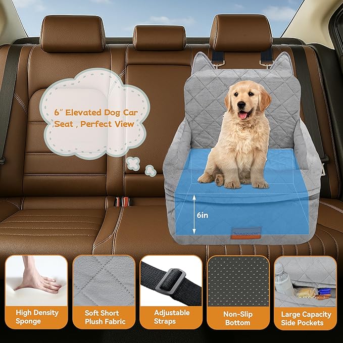 CABZOON Dog Car Seat for Small/Medium Dogs Up to 35lbs,Elevated Cushion Fits in Front/Back Seat,Travel Safety Per Car Bed with Washable Removable Cover, Storage 2 Pockets Grey