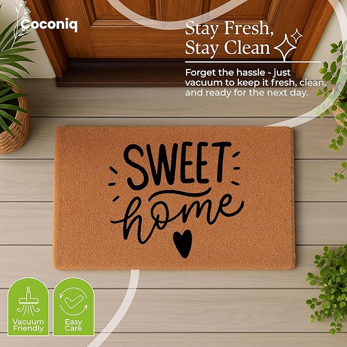 COCONIQ Coir Door Mats 17" X 30", Non-Slip Sturdy, PVC Backed Heavy Duty, Easy to Clean, Ideal for Door Entrance, Patio, Porch, Backyard, Garages, Sweet Home with Hearts