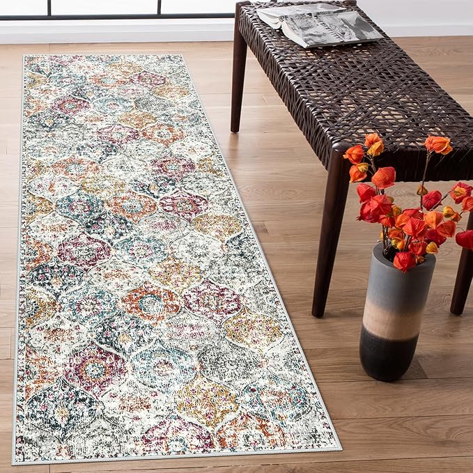 Lahome Moroccan Hallway Rug, 2'5''x8' Kitchen Runner Rugs Non Skid Washable Runners for Hallways, Ultra-Thin Oriental Carpet for Entryway Laundry Room Bedroom Bathroom Elise, Aqua/Multi
