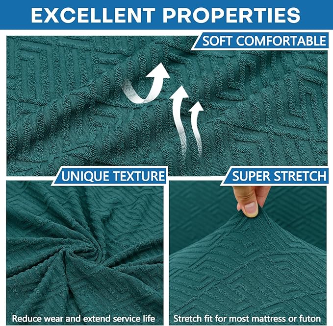 ZNSAYOTX Stretch Fit Futon Cover (67"-82") Armless Futon Sofa Bed Slipcover with Elastic Band, Universal Foldable Sofa Mattress Protector Full Queen Size, Washable Comfort Jacquard (Teal Green)