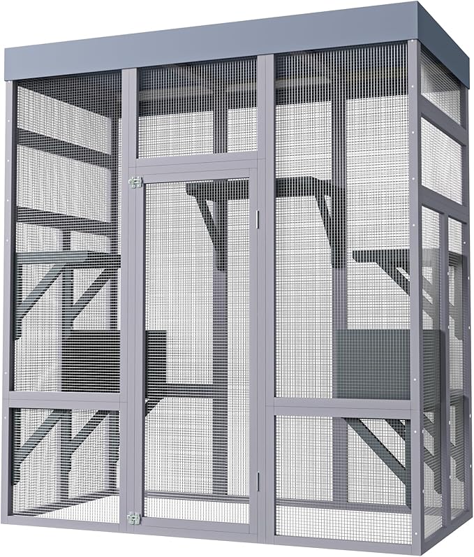 LOVMOR 62.6" Wooden Outdoor Catio for Cats, Large Cat Enclosure with Waterproof Roof, 2 Napping House, Platforms & Rust-Proof Wire – Secure Pet Cage for Backyard or Patio