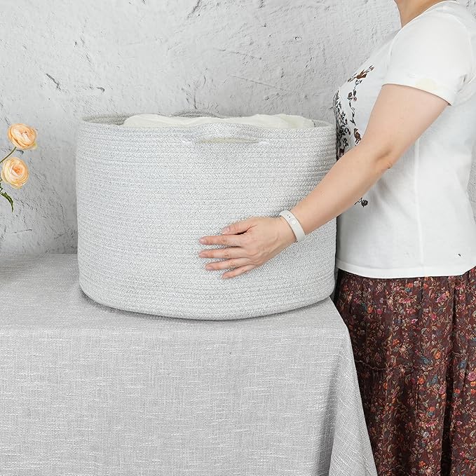 XUANGUO Extra Large Cotton Rope Basket – 22"x14" Woven Storage Baskets for Blankets, Toys, Laundry, and Nursery – Round Basket for Living Room, Kids, and Pets Grey