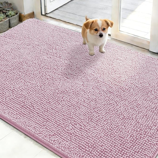OLANLY Dog Door Mat for Muddy Paws 50x30, Absorbs Moisture and Dirt, Absorbent Non-Slip Washable Doormat, Quick Dry Chenille Mud Mat, Entry Indoor Entryway Carpet for Inside Floor, Dusty Rose