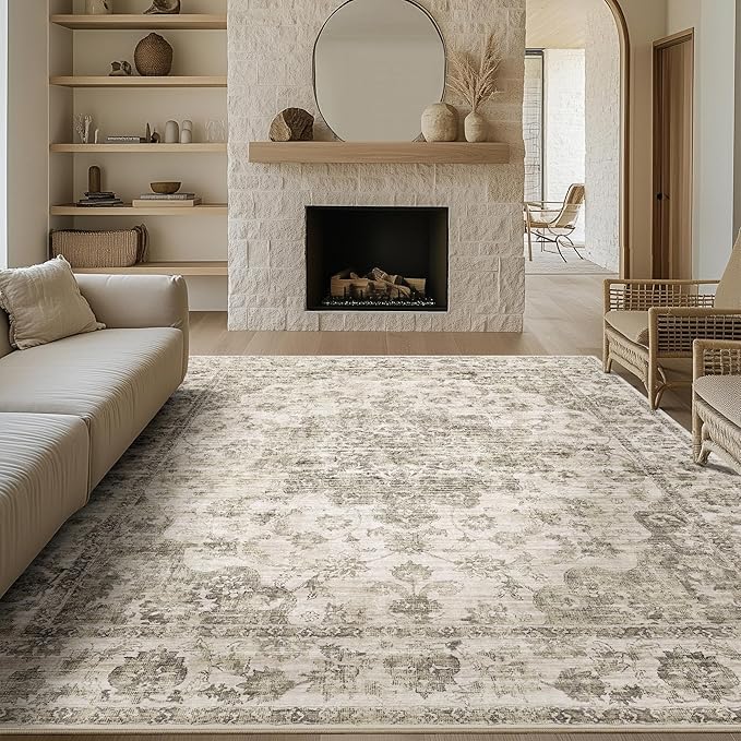 8x10 Washable Neutral Area Rug Taupe Vintage Living Room Bedroom Carpet Non-Slip Soft Low Pile Farmhouse Large Throw Rug for Dining Room Entryway Office