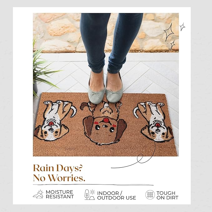 COCONIQ Coir Door Mats 17" X 30", Non-Slip Sturdy, PVC Backed Heavy Duty, Easy to Clean, Ideal for Door Entrance, Patio, Porch, Backyard, Garages, The 3 Cute Musketeer Puppies